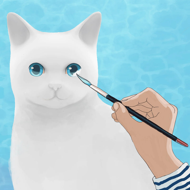 Illustration of Belen by Pet Therapy™ — cartoon-style image showing the hand-painting process of the decorative cat lamp.