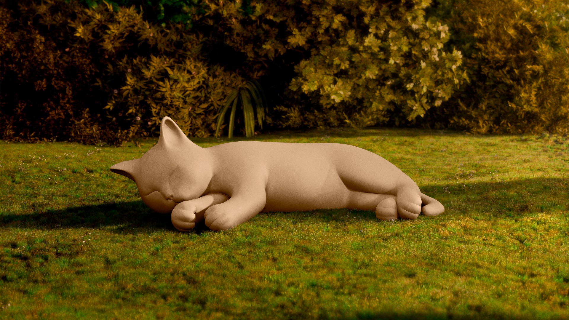 Milù by Pet Therapy™ — giant cat-shaped sculpture and seat, displayed in an outdoor garden setting.