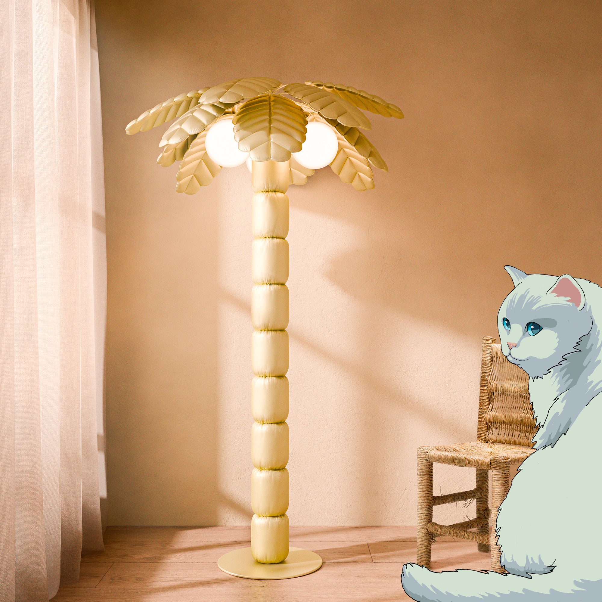 Palm Beach floor lamp by Pet Therapy™ — palm-shaped LED light in soft upholstered fabric, blending creativity and elegance in a curated indoor setting.