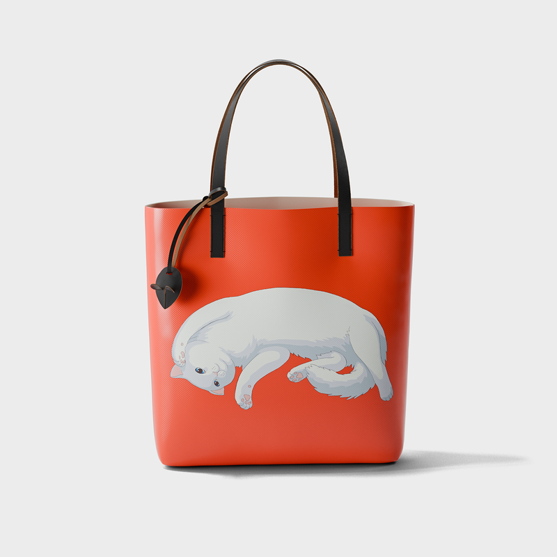 Pet Therapy™ color-block tote bag in deadstock PVC with leather handles, cartoon cat print and mouse charm.