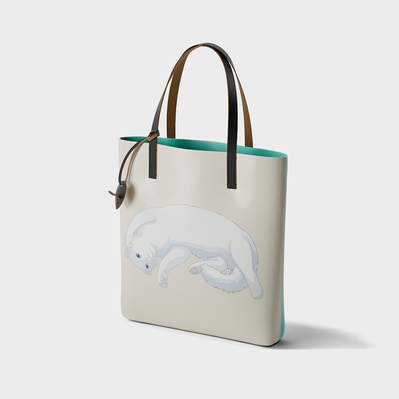 Pet Therapy™ color-block tote bag in deadstock PVC with leather handles, cartoon cat print and mouse charm.