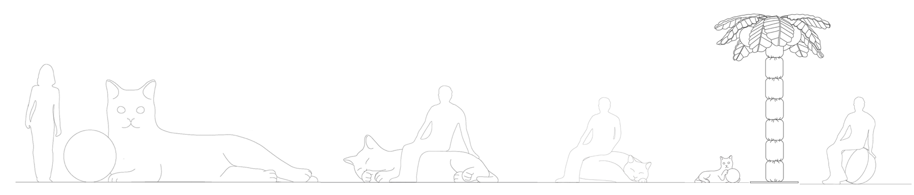 Outline of giant cats lights by Pet Therapy™ compared to human silhouette to illustrate scale and dimensions.