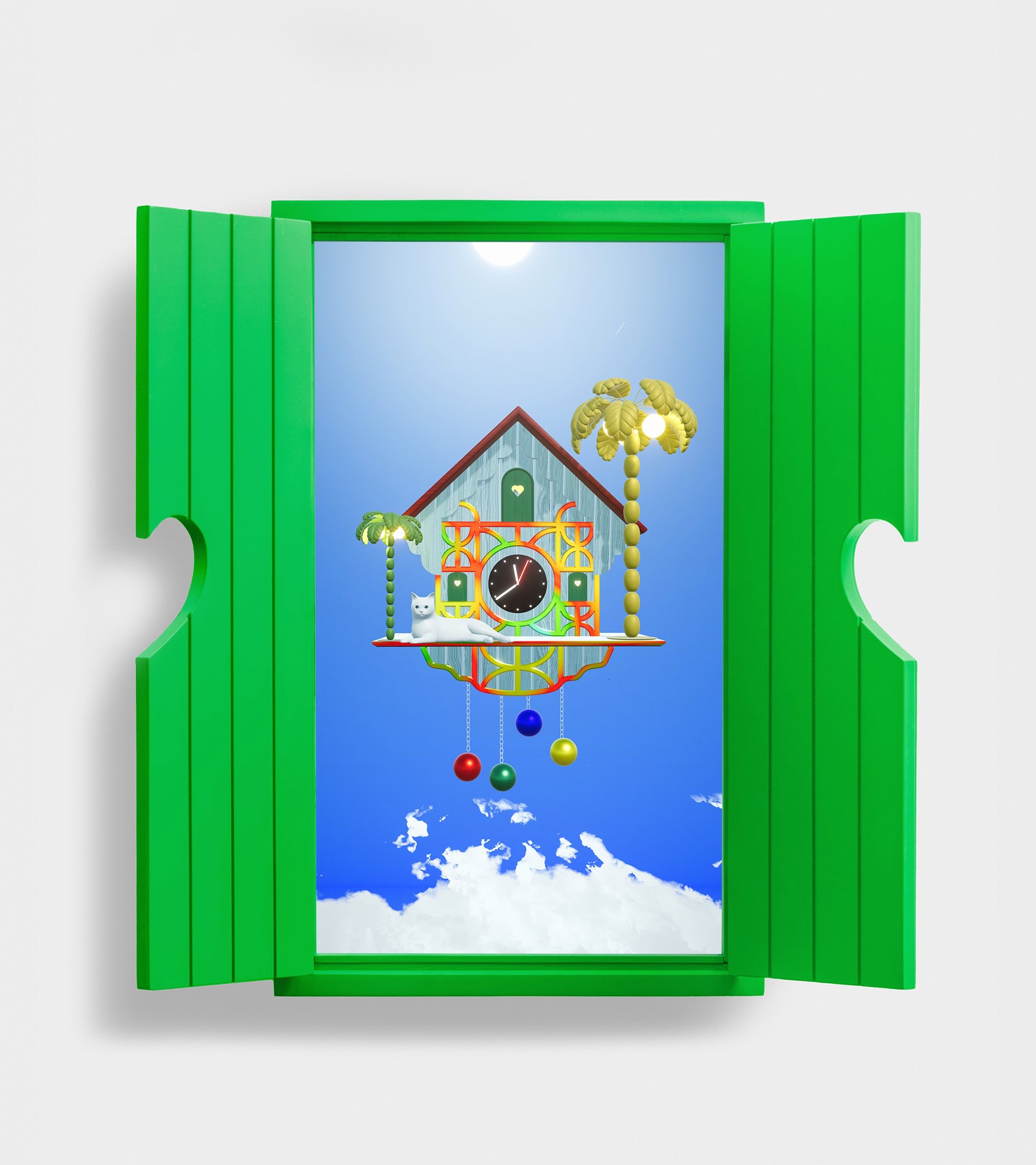 Cuckoo Clock digital wall piece by Pet Therapy™ with lacquered green frame and integrated screen displaying NFT clock and weather.
