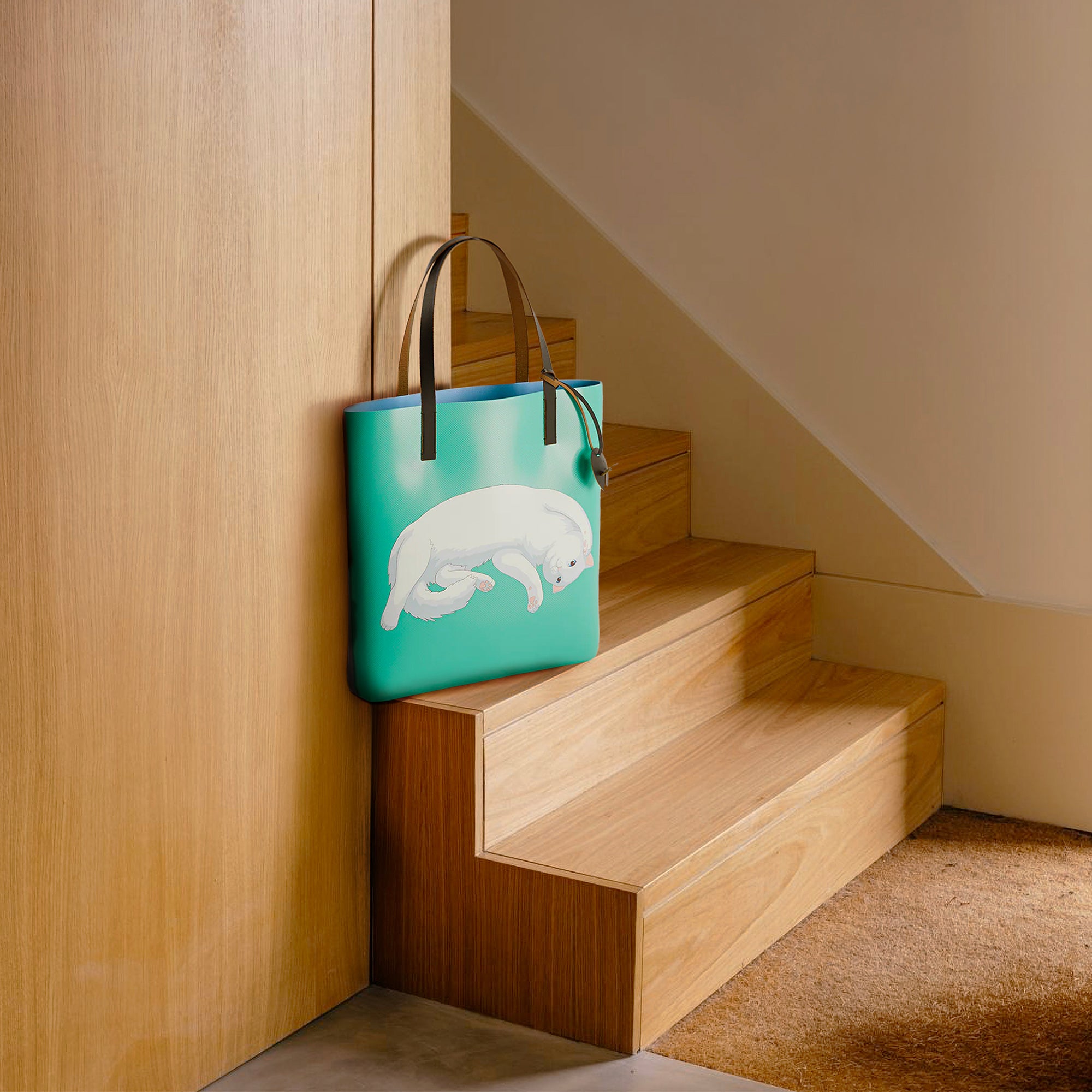 Pet Therapy™ color-block tote bag in deadstock PVC with leather handles, cartoon cat print and mouse charm.