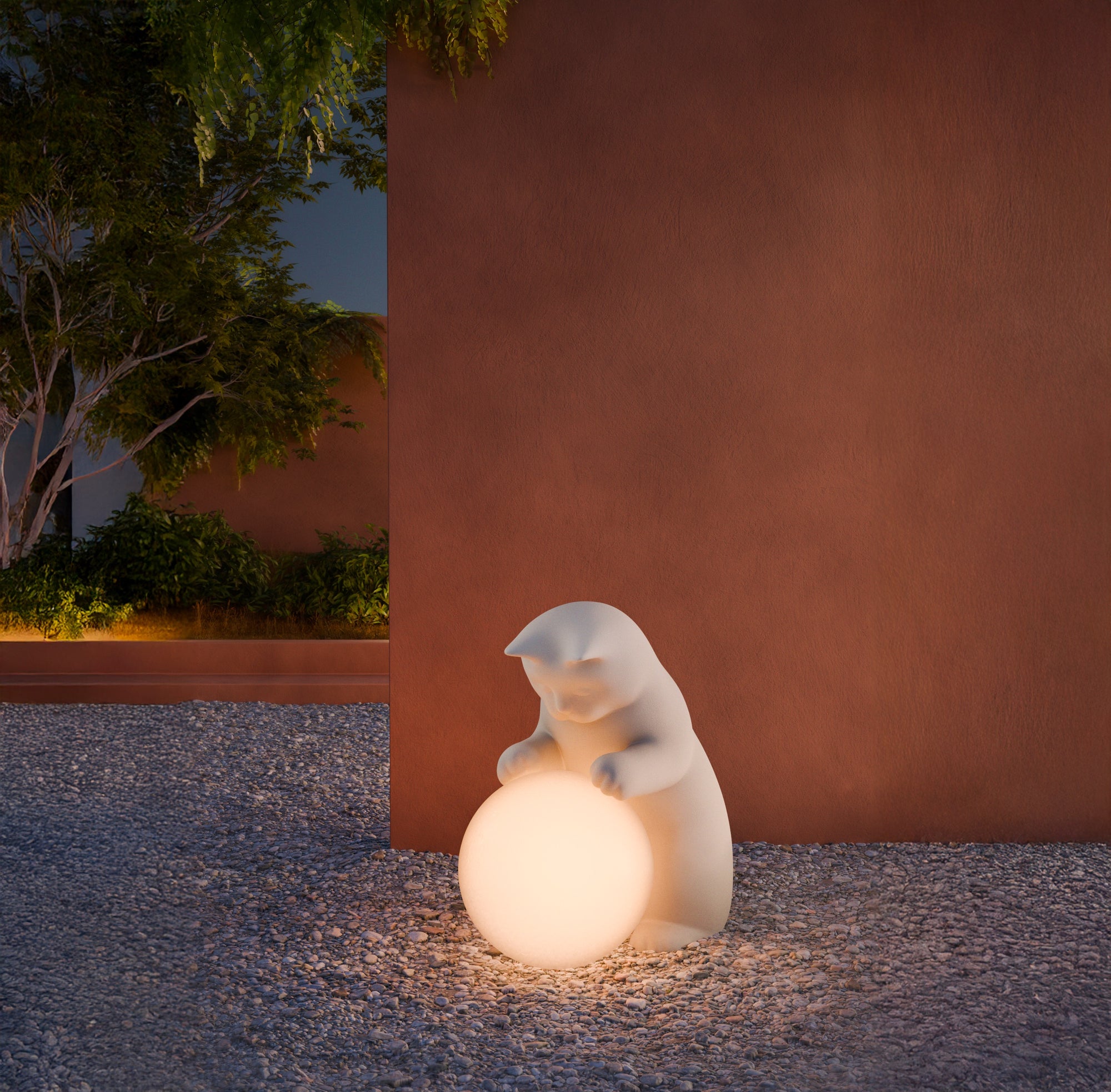 Bo floor lamp placed in modern outdoor living space, providing ambient light and decorative charm.