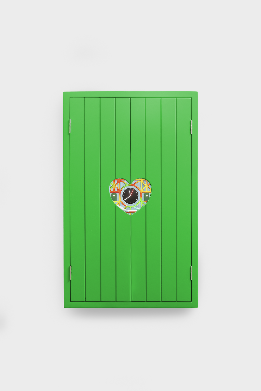 Cuckoo Clock digital wall piece by Pet Therapy™ with lacquered green frame and integrated screen displaying NFT clock and weather.