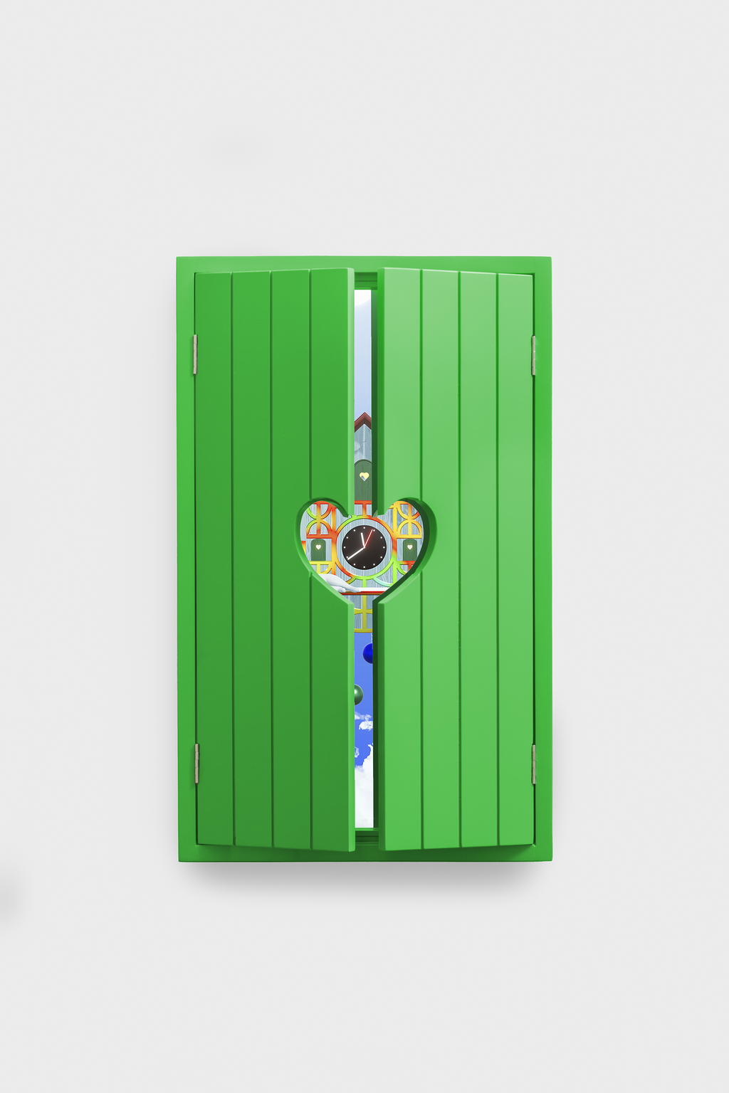 Cuckoo Clock digital wall piece by Pet Therapy™ with lacquered green frame and integrated screen displaying NFT clock and weather.