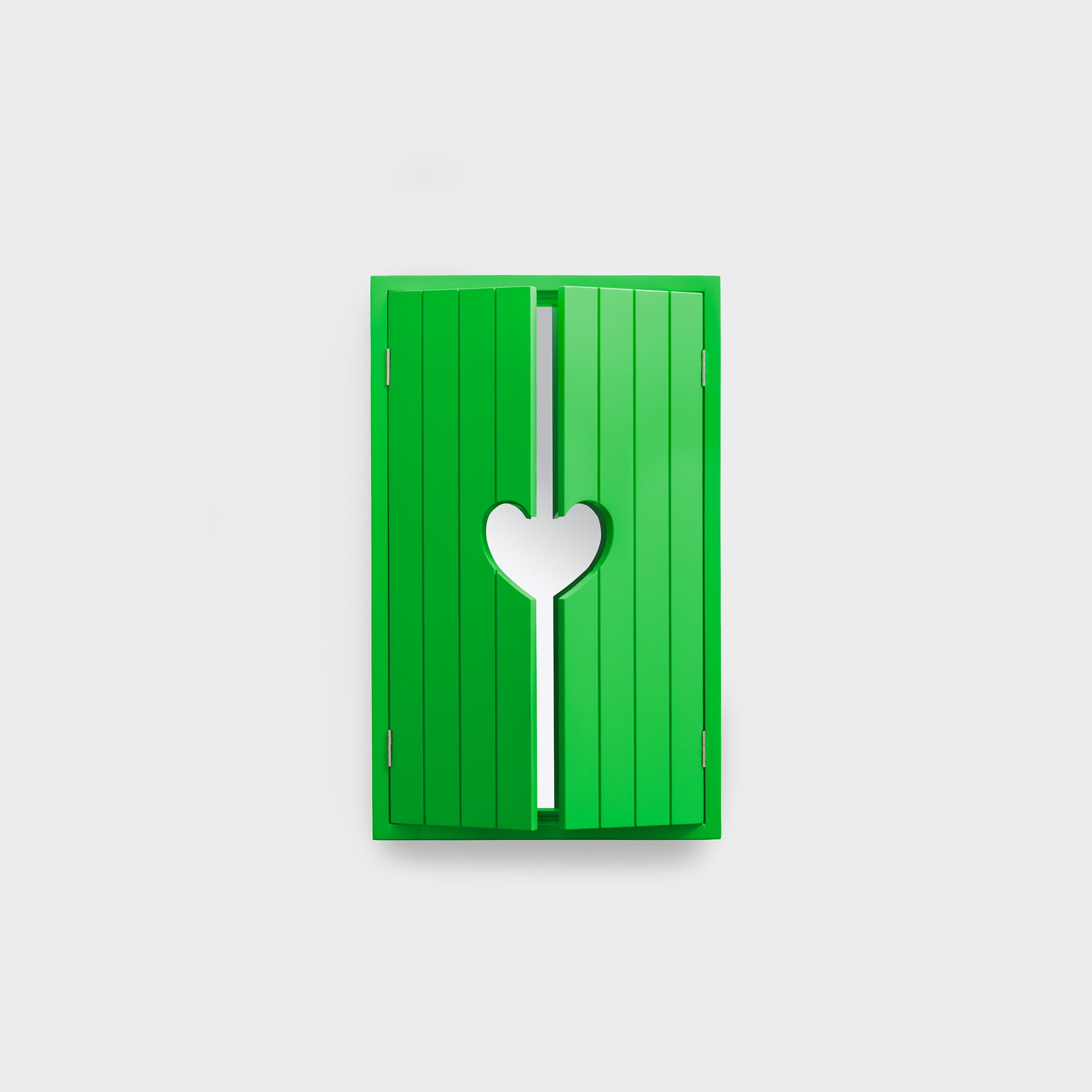 Engadina wall mirror by Pet Therapy™ with lacquered green wooden frame and functional shutters.