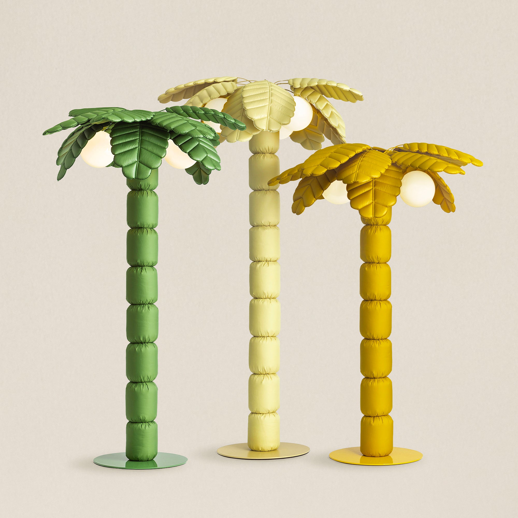 Palm Beach floor lamp illuminating a modern indoor, showcasing its palm-inspired design and ambient lighting.