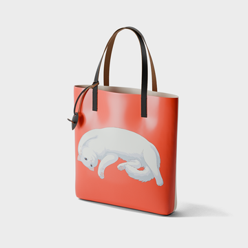 Pet Therapy™ color-block tote bag in deadstock PVC with leather handles, cartoon cat print and mouse charm.