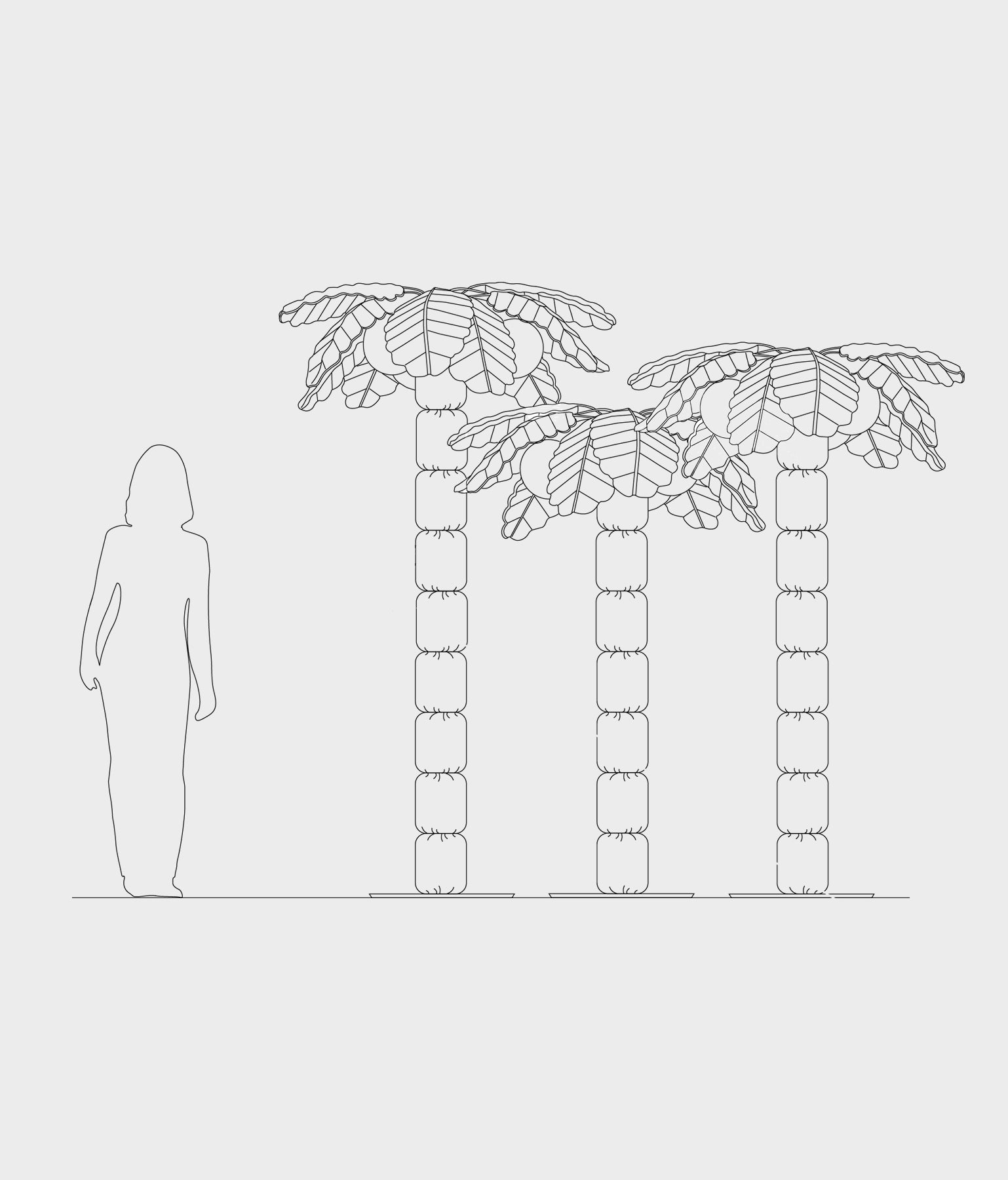 Palm Beach floor lamp outline with dimensions – illustrating the three available heights and palm-shaped silhouette.